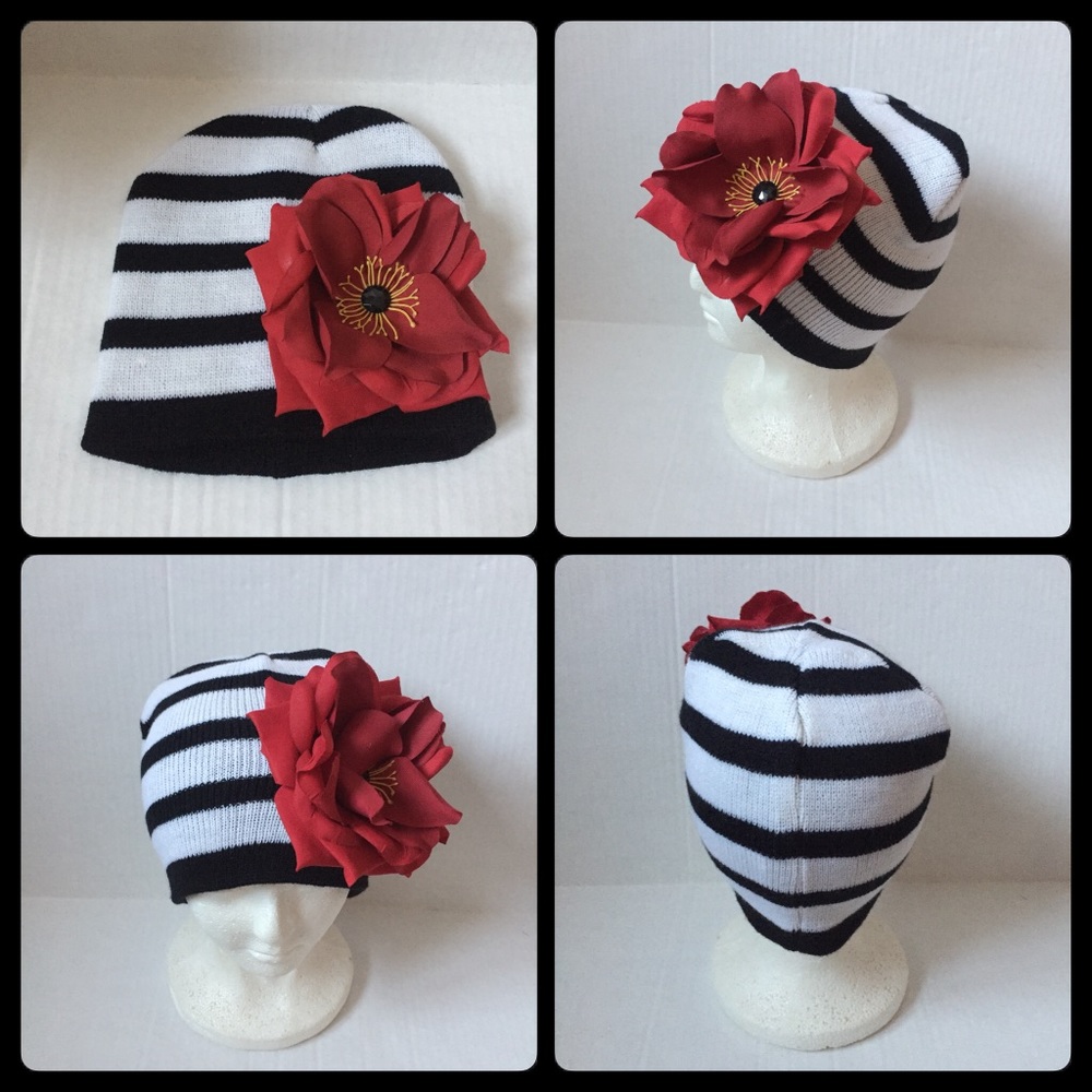 Black and white hat with red flower 🌹
